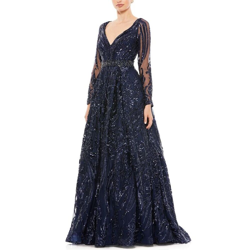 NEW Navy Blue Mac Duggal Sequin Maxi Dress formal long gown